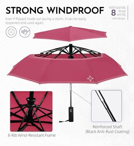 LILAC Umbrella Windproof Strong Compact - 8 Ribs Double Canopy Vented Travel Brolly with 4 Reflective Safety Strips, Automatic Open Close Folding Rain Gear for Night Walking & Handbag — view 3
