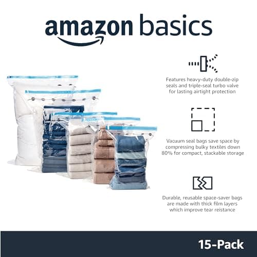 Amazon Basics Vacuum Compression Zipper Storage Bags with Airtight Valve and Hand Pump, 15-Pack, 2x X-Jumbo, 5x Jumbo, 4x (Large, Medium), 15 count (Pack of 1), Multiple, Clear — view 2