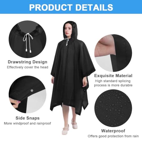 flintronic 2PCS Waterproof Poncho Adult, Reusable Rain Ponchos, EVA Rain Poncho, Lightweight Waterproof Raincoat with Hoods, Rain Cover Poncho for Camping, Hiking Travel Men Women (Black) — view 4
