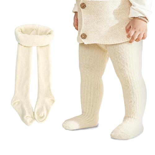 LEHEEYWT Baby Tights, Thick Fleece Thermal Baby Leggings, Elastic Soft Pantyhose Winter Tights For Girls 6 Months To 3 Years (UK, Age, 6 Months, 12 Months, Cream White)