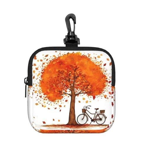 Mini Pouch with Carabiner, Neoprene Travel Makeup Bag with Zipper Tool Storage Pouch Autumn Tree with Aged Old Bike Coin Purse Portable Earbud Case Waterproof Card Holder Wallet for Women Men