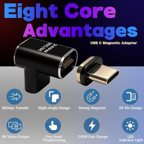 IVIVTOR USB C Magnetic Adapter 90 Degree Pack of 2 240 W Type C Magnetic Plug Angle 24 Pin - USB-C Magnetic Adapter 80 Gbps 8K Fast Charge & Data Transfer for Laptops Tablets Smartphones - Black — view 3