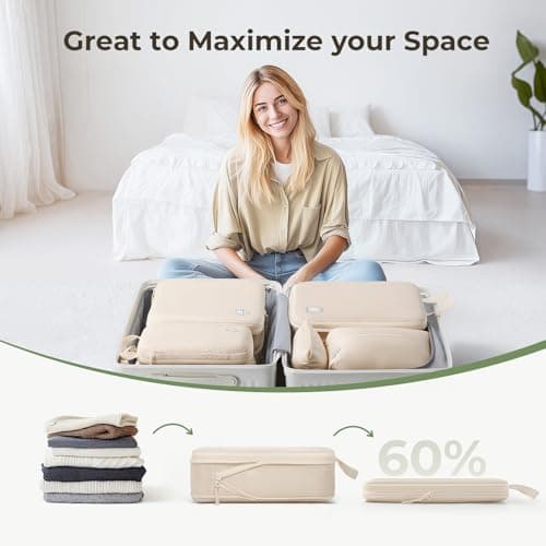 Samfolk Compression Packing Cubes for Suitcases Packing Cubes Compression Set Waterproof Suitcase Organiser Bags for Travel Suitcase Luggage Packing Organizer Bags Travel Essentials Cream 8 set — view 2