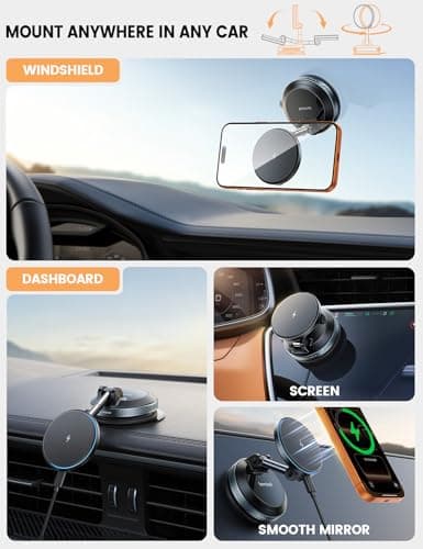 Lamicall for MagSafe Car Mount Charger, 15W Magnetic Wireless Car Charger, 70 Lbs Vacuum Suction Cup Phone Mount 360° Adjustable with Dual USB-C Ports, for iPhone 17 Pro Max 16 15 14 13 12 - Black — view 2