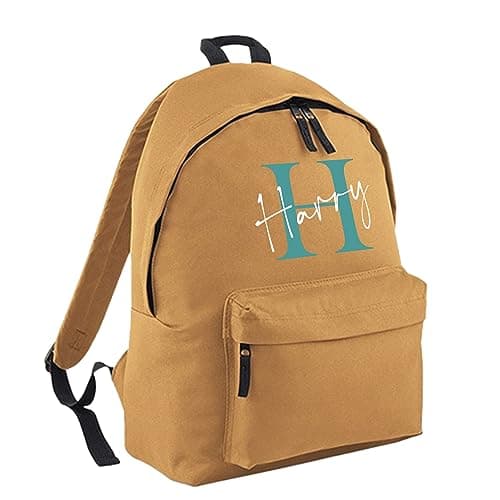 Print Maniacs Personalised Any Name Large 18L Kids Travel Backpack Junior Shoulder Collage Rucksack School Lunch Swimming P.E Laptop Book Bag (Caramel, Teal/White)