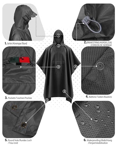 Coutyuyi Waterproof Rain Poncho Adult Unisex with Hood & Pocket(Black，XXL) — view 5