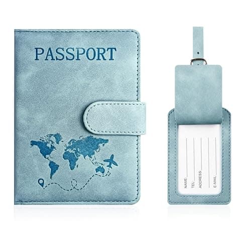 Passport Holder Cover and Suitcase Tag Set Blue PU Leather RFID Blocking