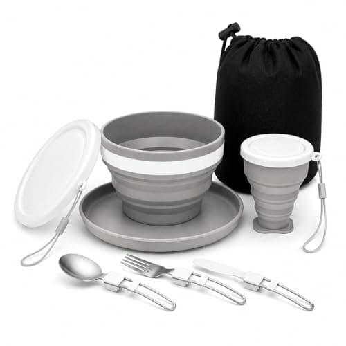 6 in 1 Foldable Camping Mess Kit Stainless Steel Cutlery for Travel Picnic