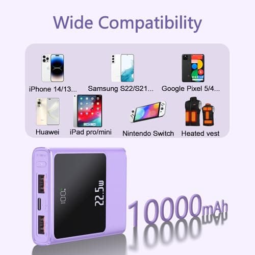 22.5W Super Fast Power Bank 10000mAh USB C Outputs & Inputs Portable phone Charger Mini Battery Pack Compatible with iPhone Samsung Tablet and More (Purple) — view 3