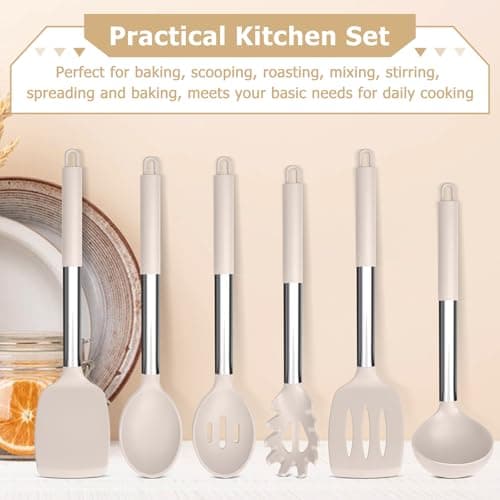 HaWare Kitchen Utensils Set, 6 Pcs Silicone Cooking Utensils with Stainless Steel Handle, Heat Resistant Kitchen Tools for Non-Stick Cookware, Ladle Turner Spoon Pasta Server, Dishwasher Safe - Khaki — view 4