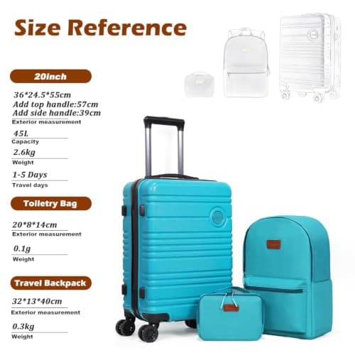 Aklsvion 20 Inch Suitcase Set PC Hard Shell Luggage Hand Luggage Travel Trolley Case Cabin Bag Sets 3 Piece Luggage Sets with Travel Backpack and Toiletry Bag for Short Travel (Turquoise) — view 2