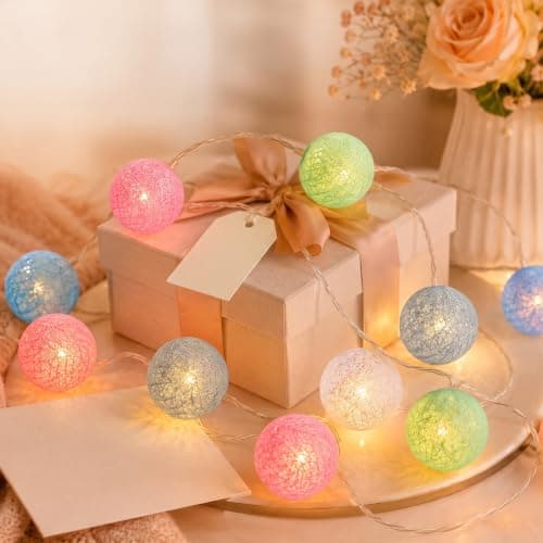 FACHOI Cotton Ball Fairy Lights, 1.5m/4.92ft Battery Powered String Lights, 10 LED Colorful Cotton Ball String Lights for Bedroom Wedding Party Home Christmas Decoration F6-MXQDD (Macaron)