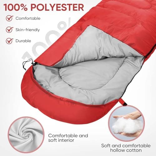 Sleeping Bags for Adults & Kids Sleeping Bag 3 Season, Ultralight Carry Bag, Adult Blanket, Lightweight Compact for Outdoor Camping, Travel, Hiking, Indoor & Outdoor Use (Red) — view 3