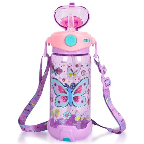 PinkSheep Kids Water Bottle with Straw/Lanyard, 650ml Child Drinking Water Bottle, BPA Free Leak-Proof Locking Flip Lid for Kids Girls Boys School Sport Travel (Butterfly)