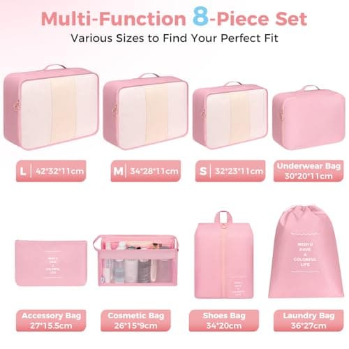 BAGAIL 8-Piece Packing Cubes Set, Travel Organizers with Breathable Mesh & Shoe Bag, Lightweight Nylon Packing Organisers for Luggage Suitcase, 9 Colors - Pink — view 3