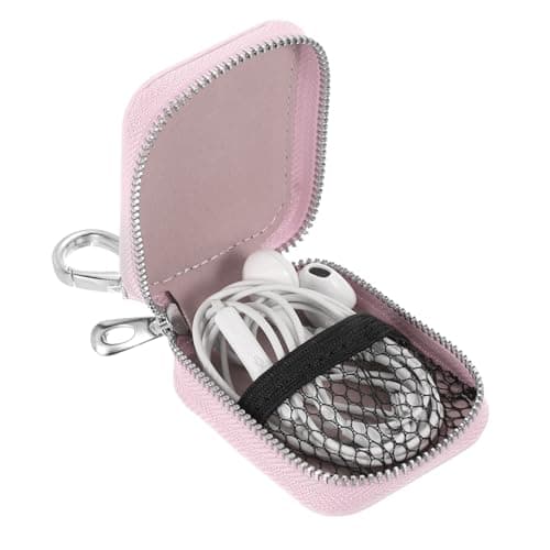 sourcing map Earbuds Cases, Earphone Case Holder, PU Leather Ear Buds Case Zipper Organizer Small with Mesh Pocket for USB Cable, Wireless Wired Earphones, Pink — view 3