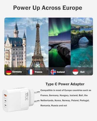 2 Pcak UK to European Plug Adapter, Fast Charging EU Europe Travel Adapter with 2 USB C and 1 USB A, European to UK Plug Adaptor for France Spain Portugal Germany Iceland Greece Denmark Turkey, etc — view 5