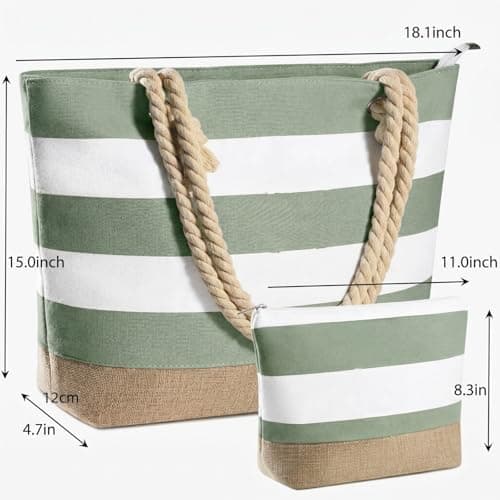 Kideerly Beach Bags for Women Large Tote Bag with Zip, Striped Canvas Beach Tote Bag with Rope Handles, Summer Holiday Pool Travel Shopping Bag — view 5