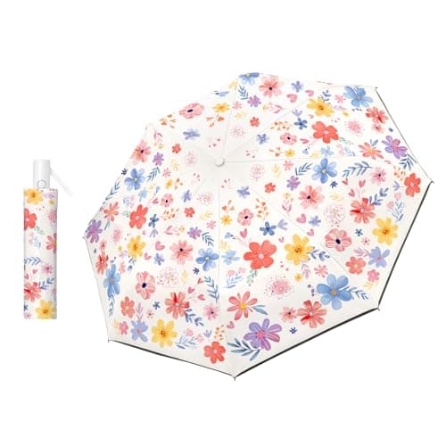 Decalsweet Kids Travel Folding Umbrella,Strong Windproof Automatic Compact Umbrella with Reflective Strips,UV Protection Sun Umbrella for Girls-Flowers