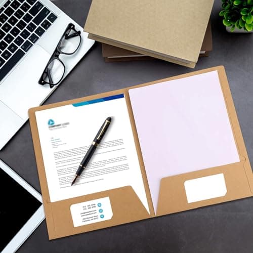 12 Pack A4 Kraft Paper File Folders, Square Cut Document Organisers with Business Card Slot, Presentation Folder for Office Reports, School Projects, Meeting Handouts (Brown) — view 5