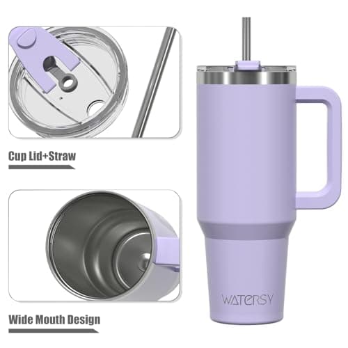 WATERSY Travel Mug Coffee Cup 40oz Tumbler Straw Lid and Handle, Stainless Steel Double Wall Vacuum Insulated Coffee Water Bottle Thermal for Cold Hot Coffee 1182ml Purple — view 6