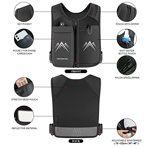 AMOSTEC Running Phone Holder Vest, Original Zip Front Reflective Running Vests with 500ml Hydration Bottle, 5 Pockets for Cards, Keys, Towels, Adjustable Waistband & Breathable Materials, Men & Women — view 6