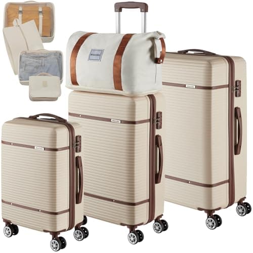 tectake® 13-Piece Suitcase Set, ABS Hard-Shell Luggage Set with Telescopic Handles, TSA Locks, 360° Wheels, Incl. M, L & XL Suitcase, Expandable Travel Bag, Toiletry Bag & 8 Packing Cubes - Cream