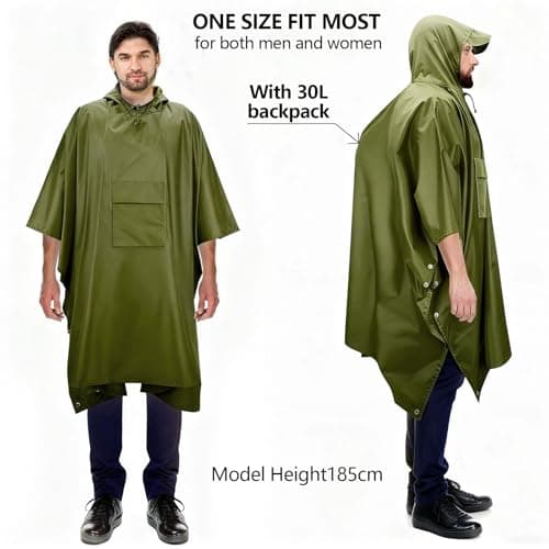 Houbobo Hooded Rain Poncho for Adults with Pocket, Waterproof Lightweight Raincoat Jacket for Men Women, Perfect for Outdoor Hiking Camping Emergency (Green) — view 2