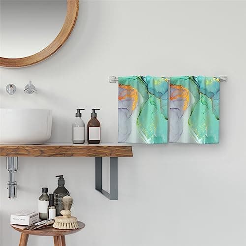 Teal Blue Gold Marble Hand Towels Set of 2 Soft Absorbent Turquoise Modern Decorative Towels for Bathroom Beach Spa Gym Yoga Swim Home Decor 14"x28" — view 5