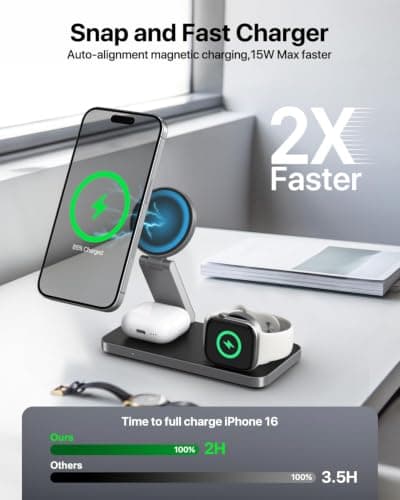 3 in 1 Wireless Charging Station for Apple Devices, Magnetic Foldable Travel Fast Charger Stand Compatible with MagSafe for iPhone Air/17/16/15/14/13/12 Series, Apple Watch & AirPods Pro/4/3/2-Black — view 2