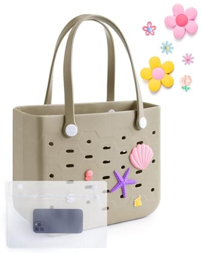 bagsmart Beach Bag for Women, Water-resistant Rubber Tote Bag with DIY Accessories and detachable wet pocket, Sandproof Vacation Essentials for Summer Swim Cruise Pool