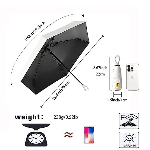 Mini Sun Travel Umbrella Ring handle Coating Layer Fabric Blocking/anti UPF 50 UV Protection 99.9% Compact Folding Purse Umbrella/Lightweight Small Portable Backpack/Rain Sun/Men Women Kids — view 2