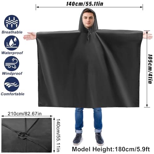 Dr.Fish Waterproof Rain Poncho for Adults, Lightweight Hooded Rain Coat Jacket with Pockets, Breathable Ripstop Rainwear for Hiking Camping Cycling, Packable with Storage Bag Black-Sliver — view 2