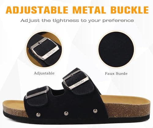ONCAI Women’s Flat Slide Sandals Vegan Leather Adjustable Double Buckle Strap Cushion Cork Footbed Open Toe Mules with Non-slip Rubber Sole Black 6 UK — view 4