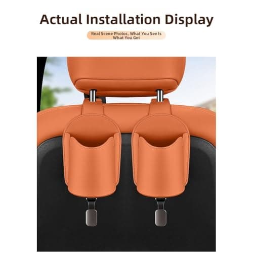 BildeeMait Car for Seat Back Hook Organizer with Cup Holder, Leather Headrest Phone Storage Mount for Drinks and Cables, Brown — view 5