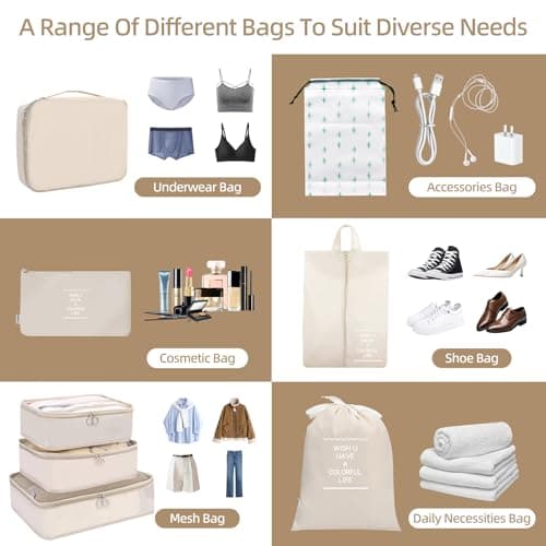 12Pcs Packing Travel Cubes for Suitcase Luggage Organizers with 5 Drawstring Bags,Suitcase Organiser Bag with Waterproof Shoe Storage Bag Compression Pouches Beige — view 4