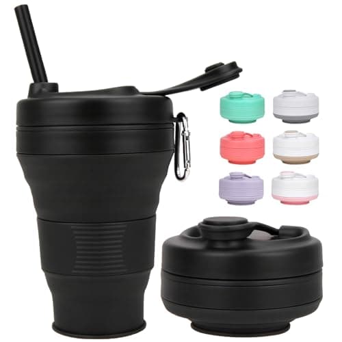 MOMAHUA 600ml/20oz Collapsible Coffee Cup with Lids,Black Silicone Portable Large Capacity Water Cups,Reusable Coffee Mug,Foldable Camping Travel Cup Fits in Your Pocket,Folding Mug Collapses to 6cm