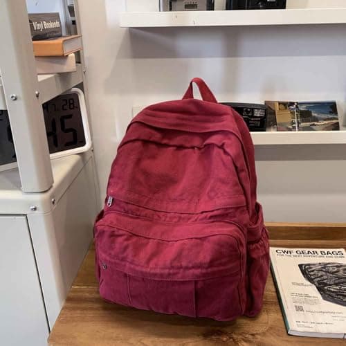 GAMLFL Canvas Backpack for Women Retro Aesthetic Rucksack Basic Backpack for High School/College Students Travel Laptop Bag, Burgundy Red, M, Travel Backpacks — view 3