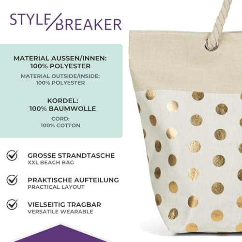 styleBREAKER Womens Metallic Polka Dot Beach Bag,Beige-Gold — view 5