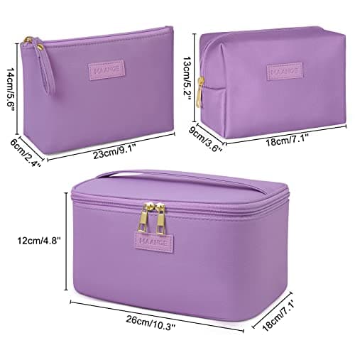 MAANGE 3 Pcs Makeup Bag(L+M+S) Travel Cosmetic Bags with Brush Compartment PU Leather Small Makeup Bag Portable Make Up Bag Versatile Zipper Makeup Pouch for Women, Purple — view 4