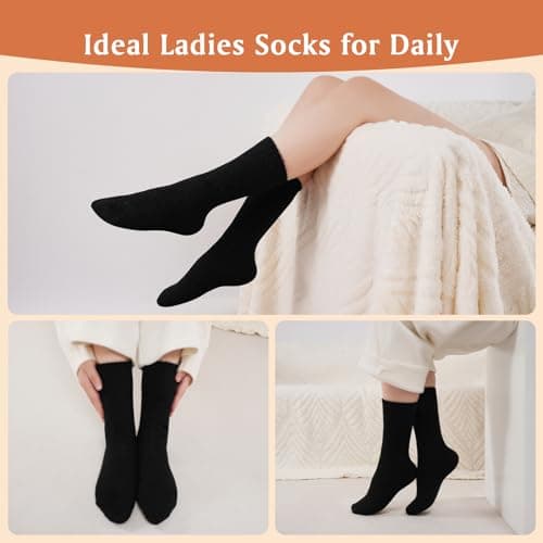 Niorasen Thermal Wool Socks for Women 5 Pairs Multipack, Ladies Warm Winter Walking Hiking Crew Socks for Boots, Thick Comfy Cushioned, Black & Multicolour, Valentines Birthday Gifts for Girlfriend — view 4