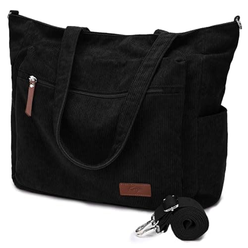 Kasgo Corduroy Tote Bag for Women, XXL 15.6" Laptop Work College Bag, Black