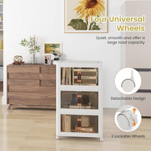 Multigot Folding Shoe Storage Box, 3/4/5 Tier Stackable Shoe Organizer Containers with Lid & Doors and Lockable Wheels, Collapsible Plastic Storage Bins Cabinet (44 x 31 x 77cm, 3-Tier) — view 5
