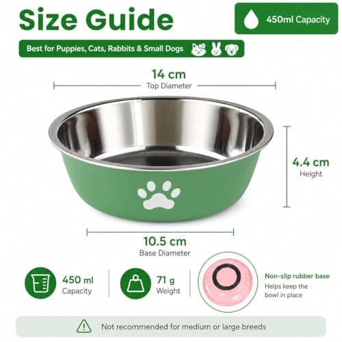 Dog Bowls 2 Pack, 450ml Stainless Steel Dog Food and Water Bowls with Non Slip Rubber Base, Small Dog Bowl Set for Puppies, Cats and Small Pets, Easy to Clean, Pink and Green — view 2