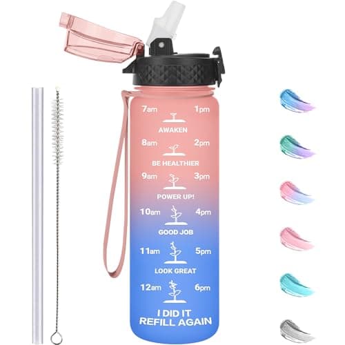 GOPPUS 500ml/17oz Kids Water Bottles with Straw Tritan Childrens Bottle with Flip Top Lid BPA Free Measured Drinks Bottle with Strap Sports Reusable Time Markings Leakproof (Pink Blue)