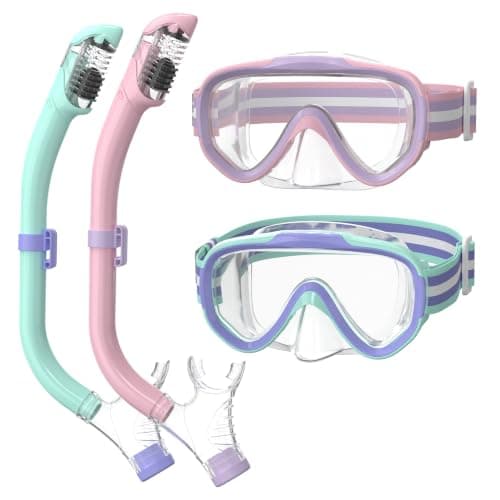 ACURE Kids Swim Goggles for Boys Girls Ages 3-14, Anti-Fog Snorkel Mask Set with Nose Cover and Fabric Strap Children Diving Mask in Swimming Pool for Youth (Pink & Mint/Purple, Mask & Snorkel Set)
