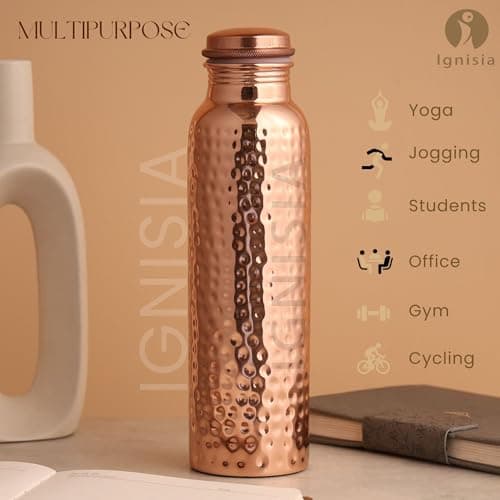 Copper Water Bottle 34oz - 100% pure Ayurvedic copper bottle for drinking | eco-friendly | copper vessel | BPA free non toxic lab tested | Leak-Proof | Handcrafted for Health & Wellness (Hammered) — view 3