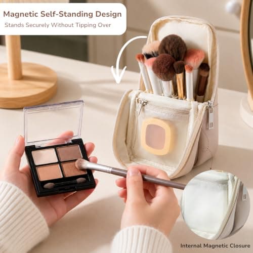 Standing Travel Makeup Bag, Waterproof PU Cosmetic Bag with Brush Holder — view 3