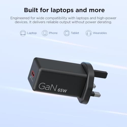 Lenovo 65W Mini USB-C GaN Charger | Ultra‑Compact, Lightweight, Portable | UK Plug, 1 x 2m USB-C Cable Included | Black — view 2