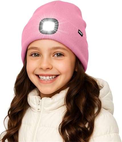 ATNKE Kids LED Lighted Beanie Hat,USB Rechargeable 4 LED Running Headlamp Ultra Bright Cap with Light Hands Free Head Torch Winter Warm Lined Fleece Knit Beany Gifts for Boys and Girls/Pink